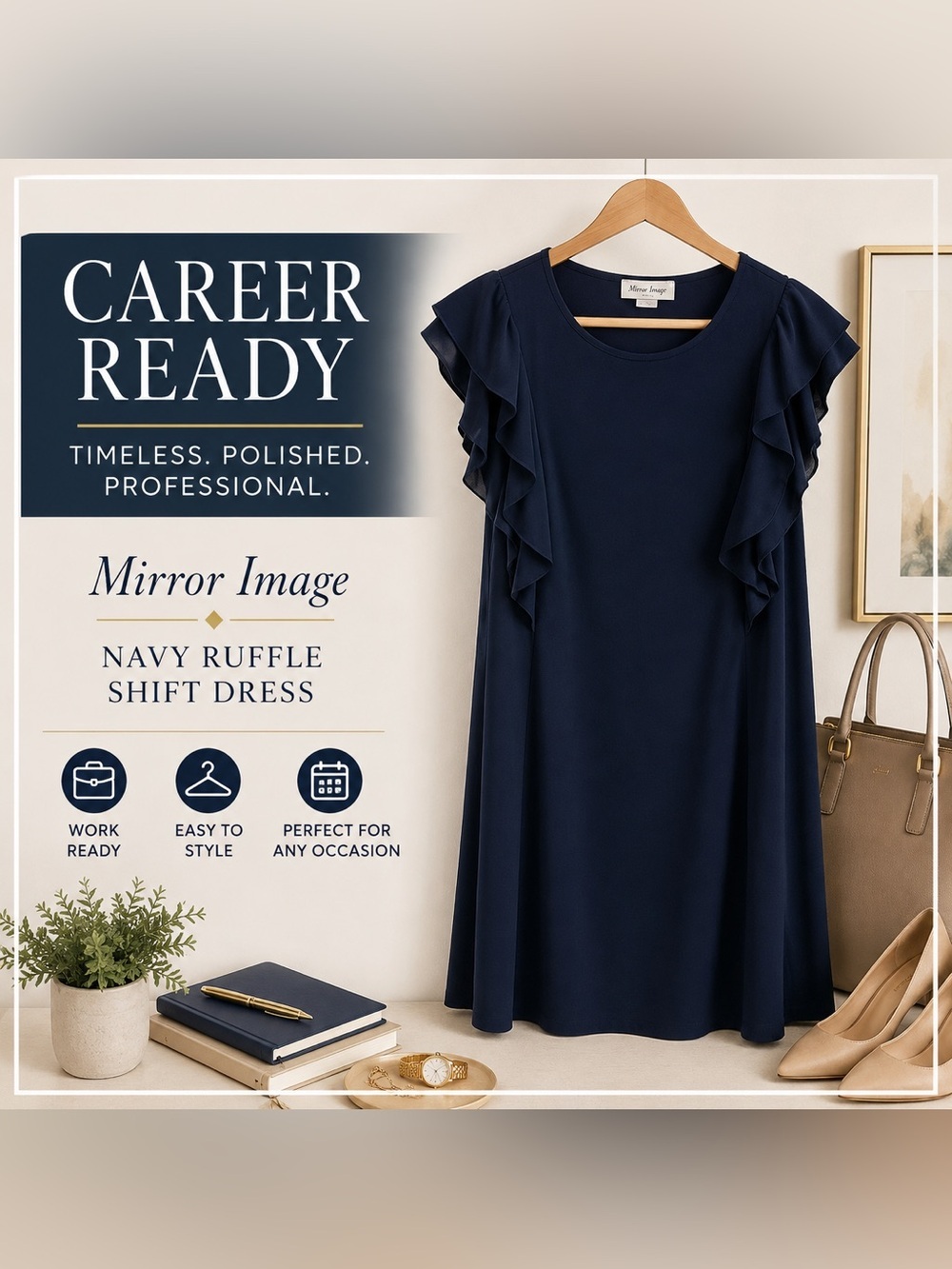 Mirror Image Navy Blue Ruffle Sleeve Shift Dress Women’s Elegant Career dress